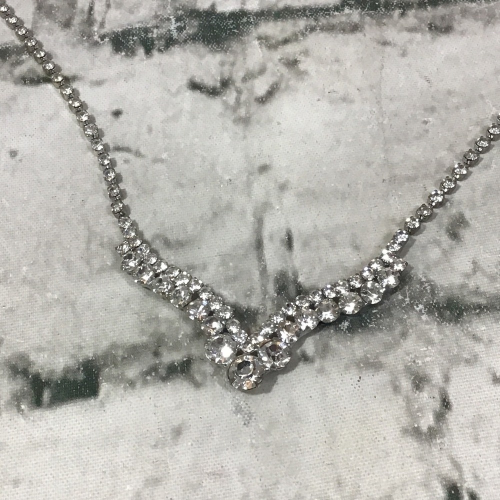 Rhinestone Necklace Silver-Tone V Shaped Statement Costume Jewelry